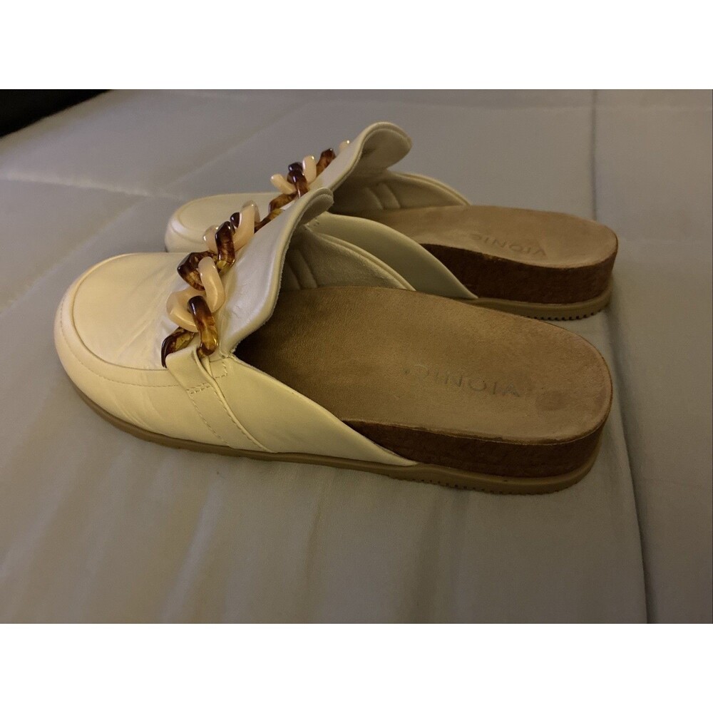 Vionic Mules 10 Georgie Cream Leather Chain Cork Comfort Platform Clog Orthotic - Picture 3 of 13